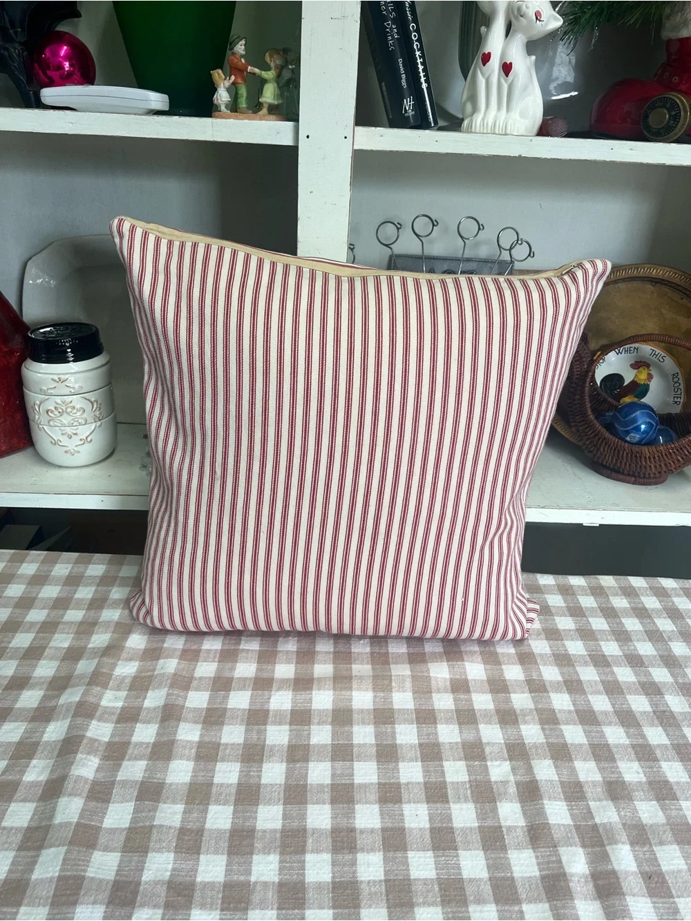 Pottery barn pillow cover red ticking tan zip closure